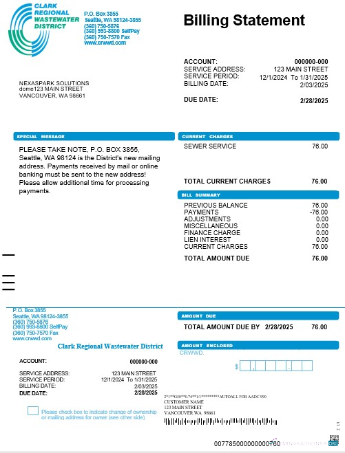 USA Washington Clark Regional Wastewater District business utility bill, Word and PDF template
